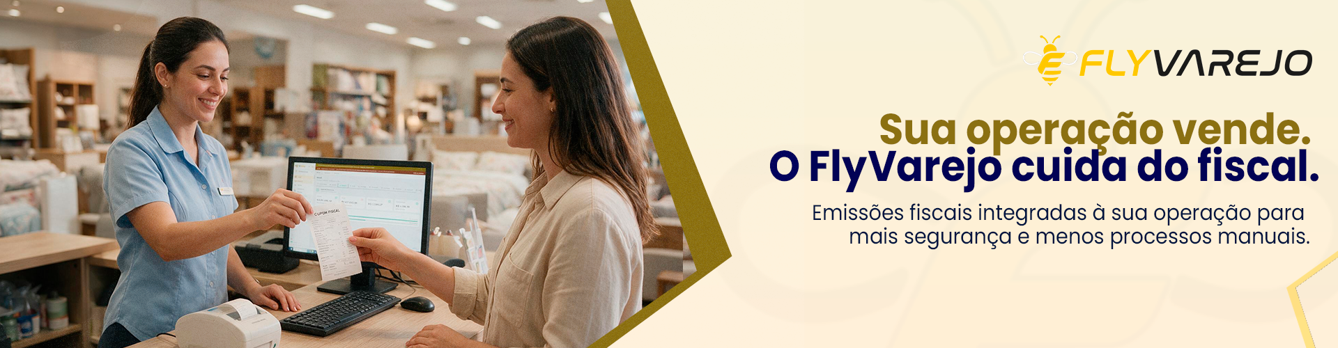 Sua operação vende. O FlyVarejo cuida do fiscal.